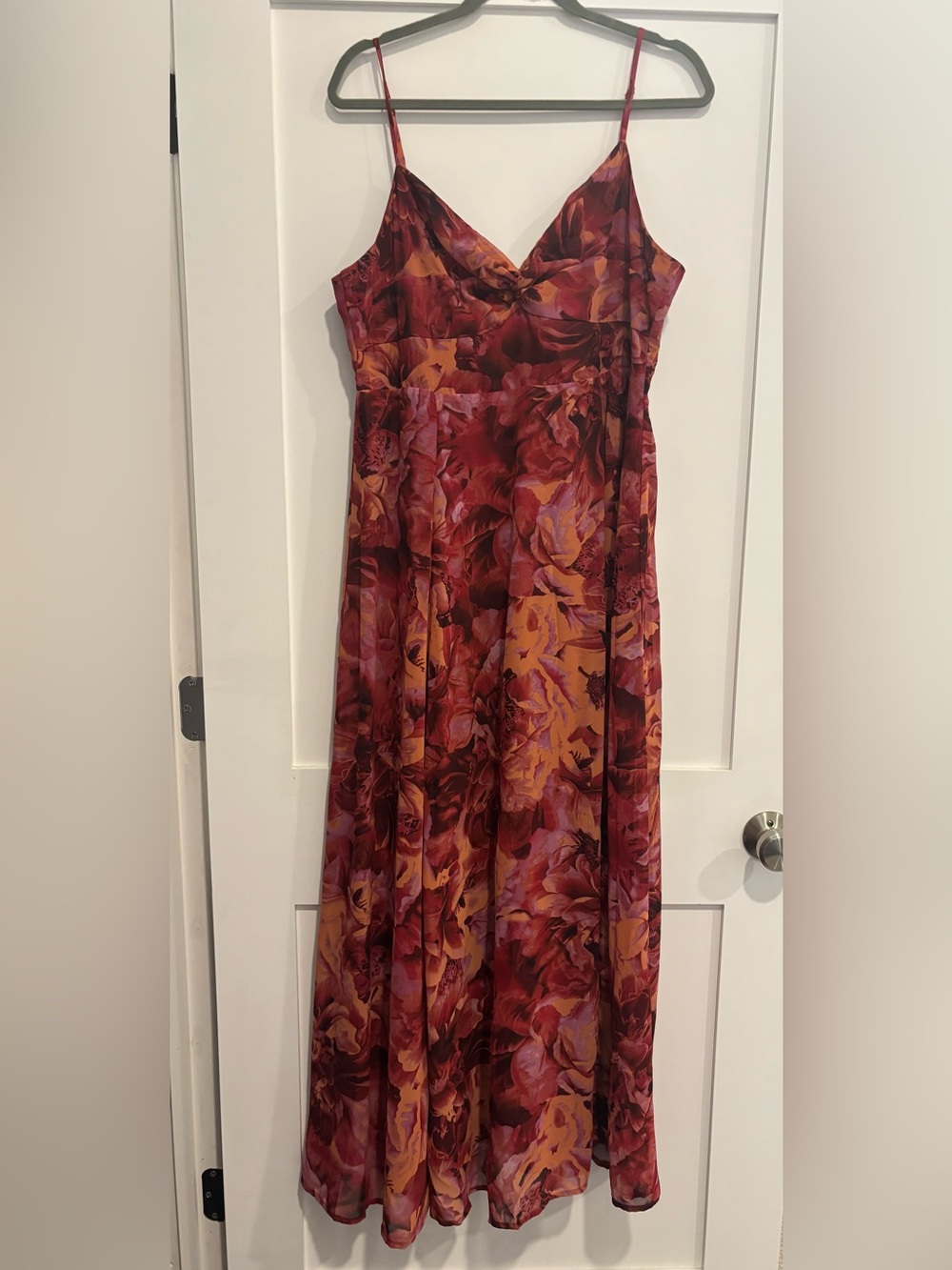 Lulu’s Soul Burgundy Floral Print Twist Front Maxi Dress Side Slit Size XXL